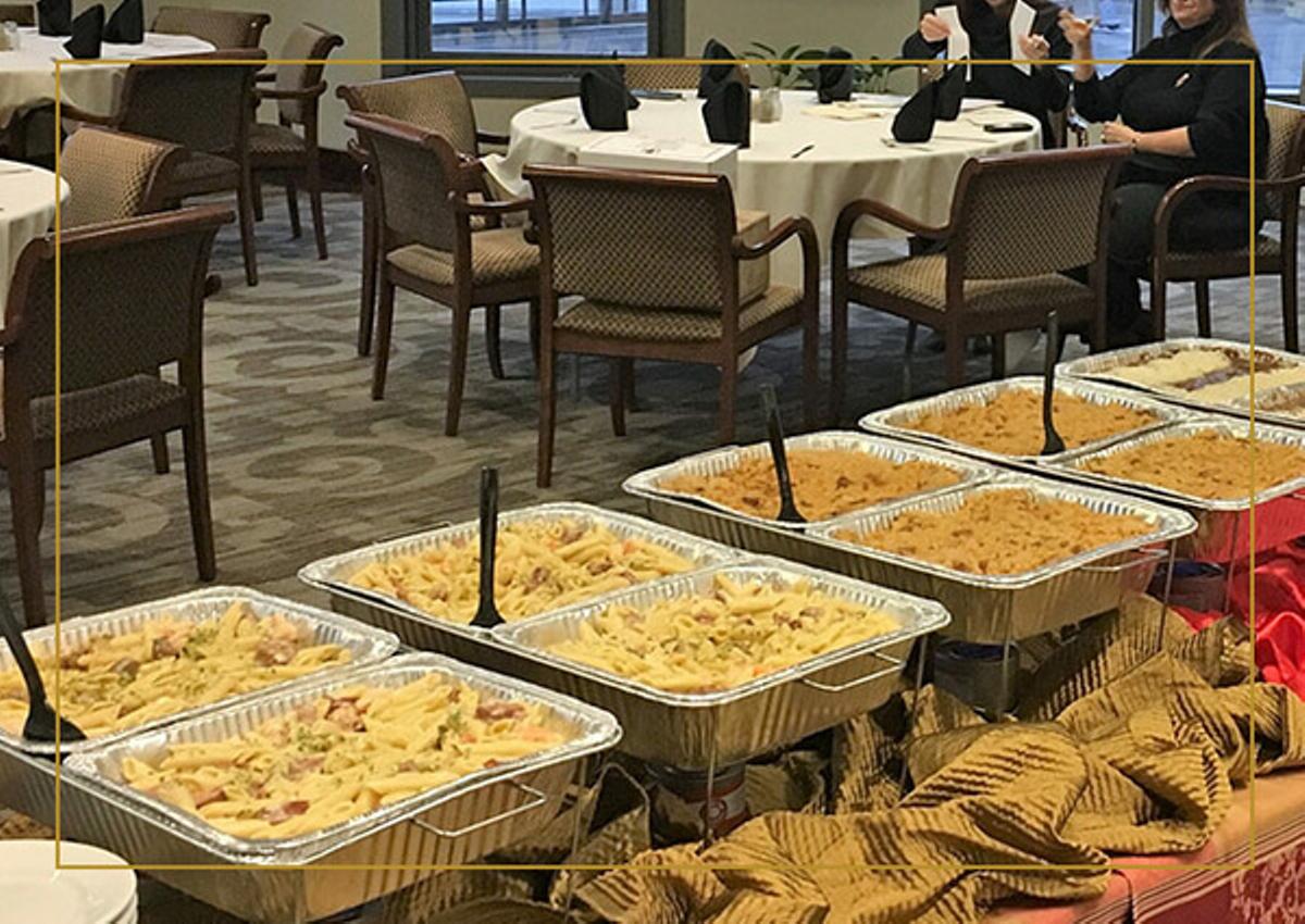 A catered meal served on a table inside