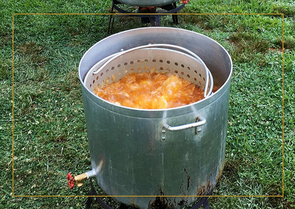 A pot outside boiling crawfish